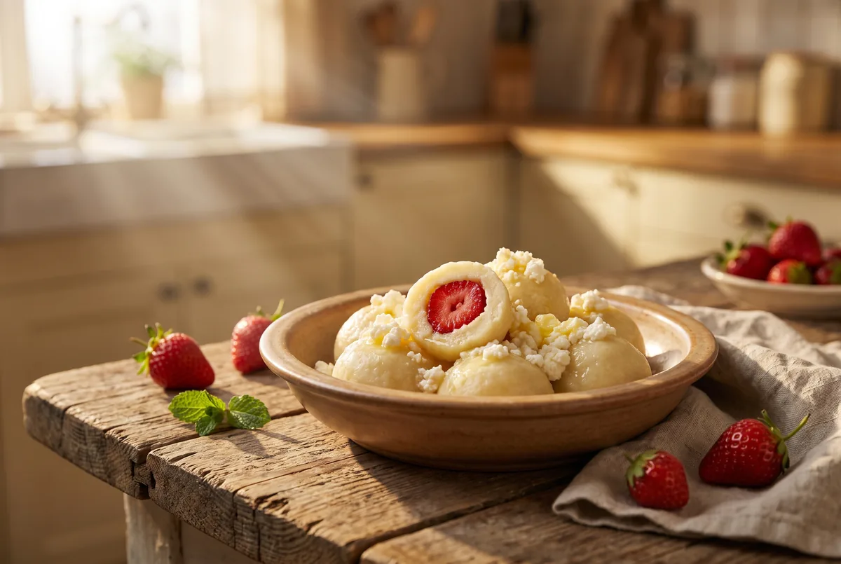 Potato-and-curd dumplings with strawberries