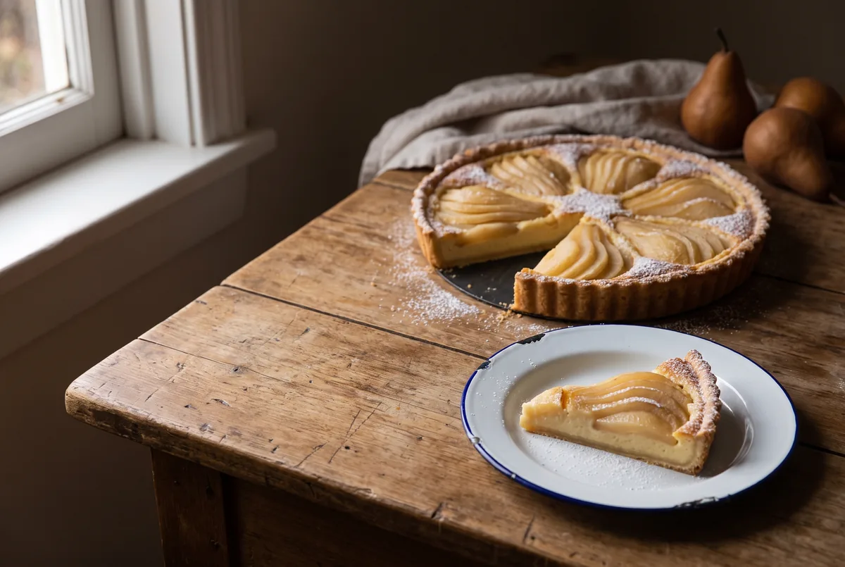 Birnenkuchen mit Vanillepudding